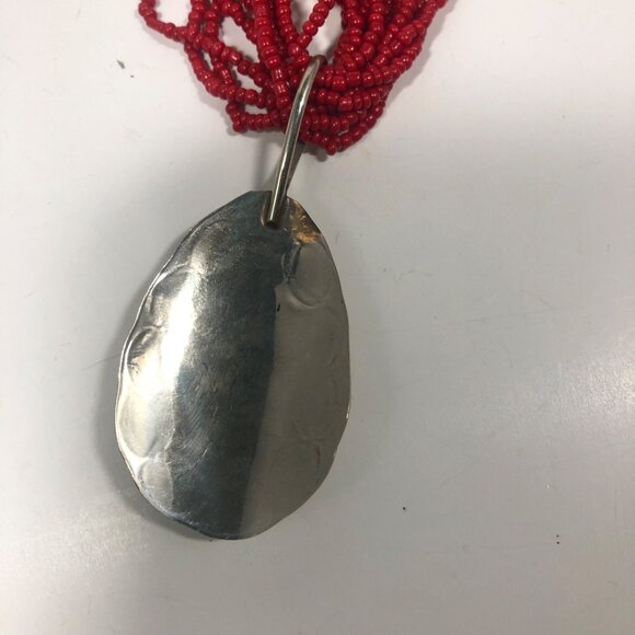 Artisian Red Seed Bead Necklace Boho Statement Silver Tone Pendant Southwestern - Picture 7 of 7